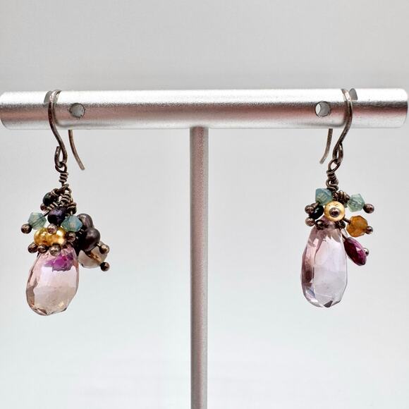 Amethyst Pearl Mixed Gemstone Silver Cha Cha Dangle Earrings Tested Boho Fun - Picture 5 of 10
